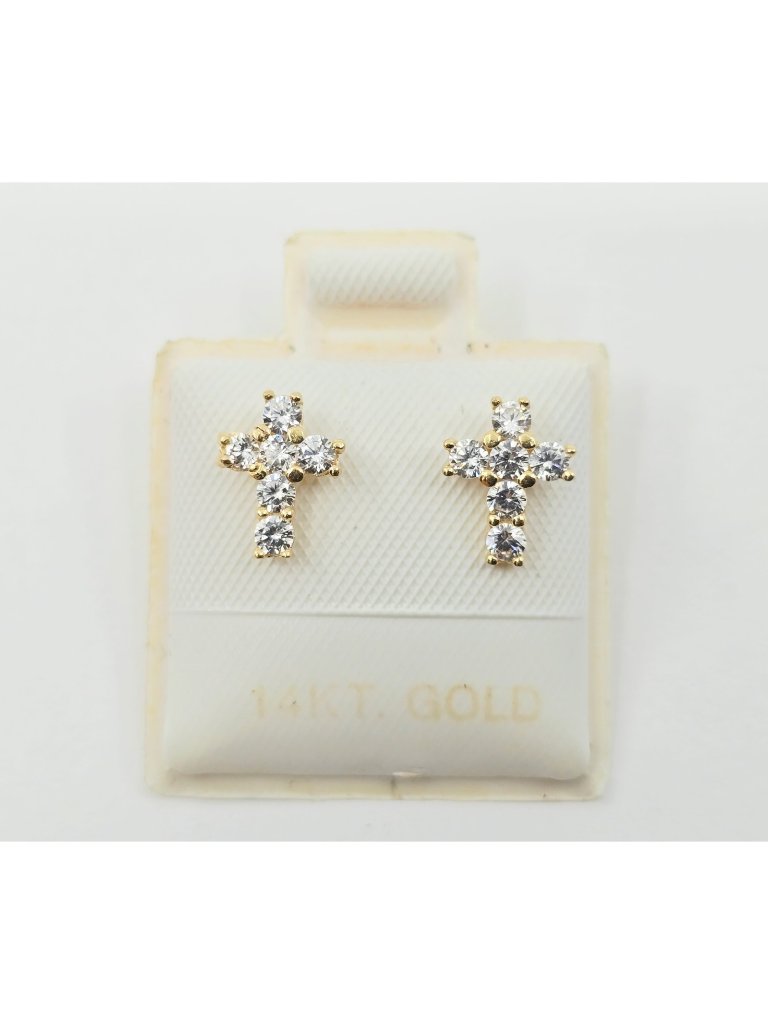 Unique Tiny 14k Karat Solid Yellow Gold Religious Cross Shaped Cz Stud Earrings